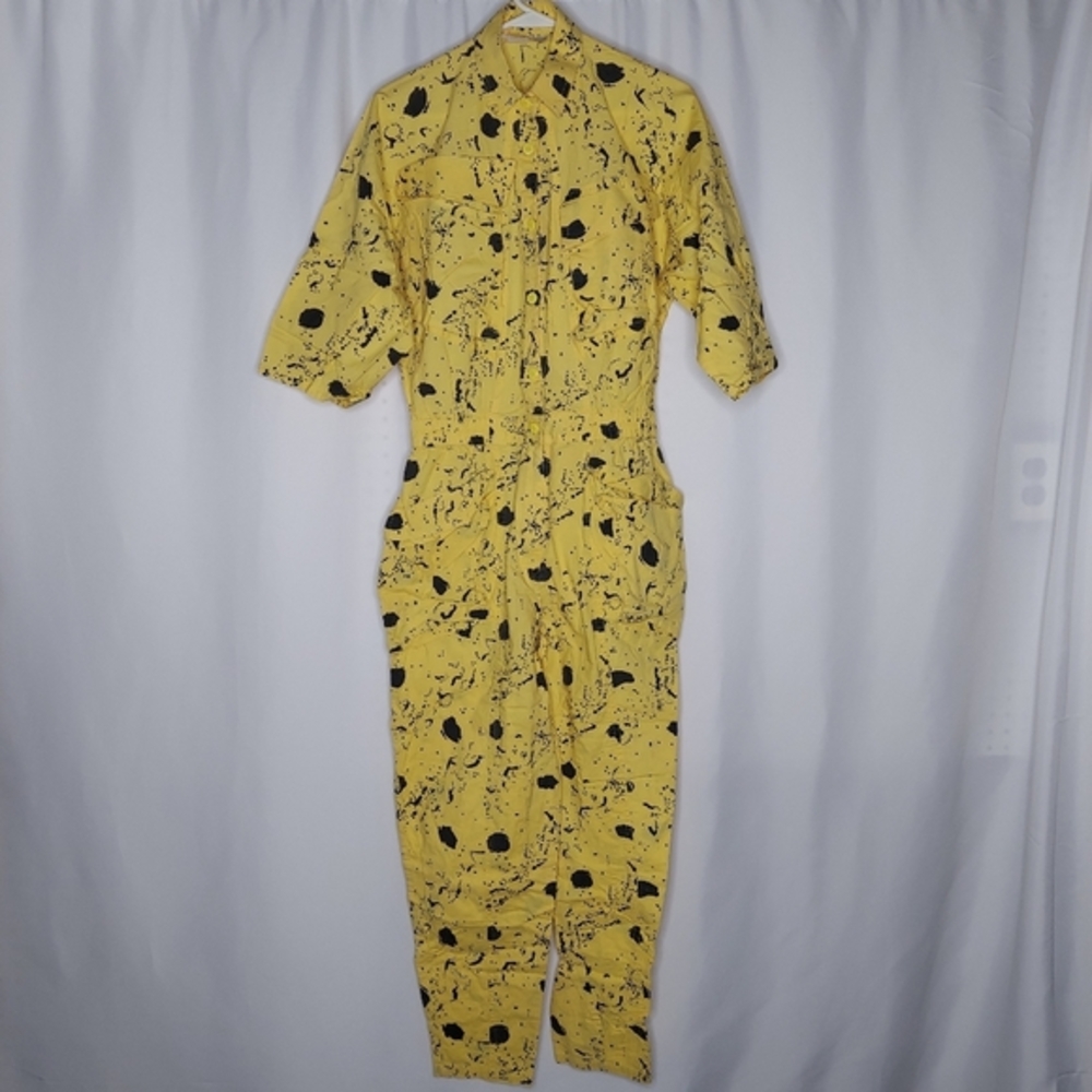 Pellini 70s Jumpsuit Women‎ Large Yellow Black Splatter 3/4 Dolman Sleeve Button